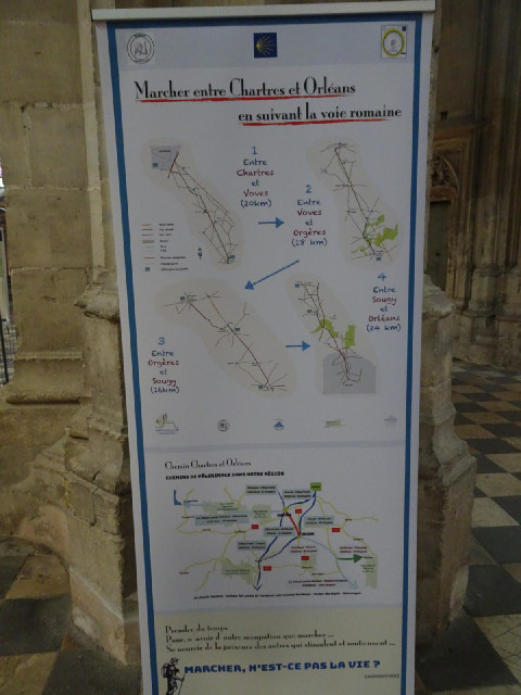 This shows a recommended walking route between Orleans and Chartres, which is an option for people w...