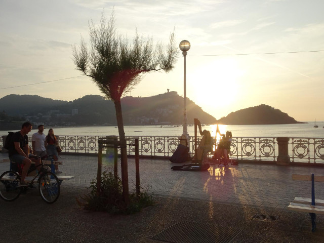 Harpists performing on the promenade.