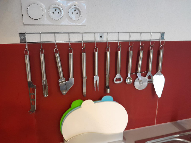 There is a good set of kitchen utensils. This is also the first room in over a month which has had a...