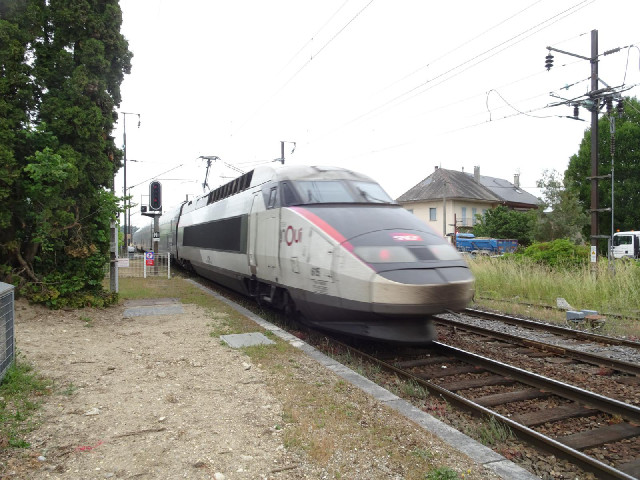 A high-speed train passing through.
