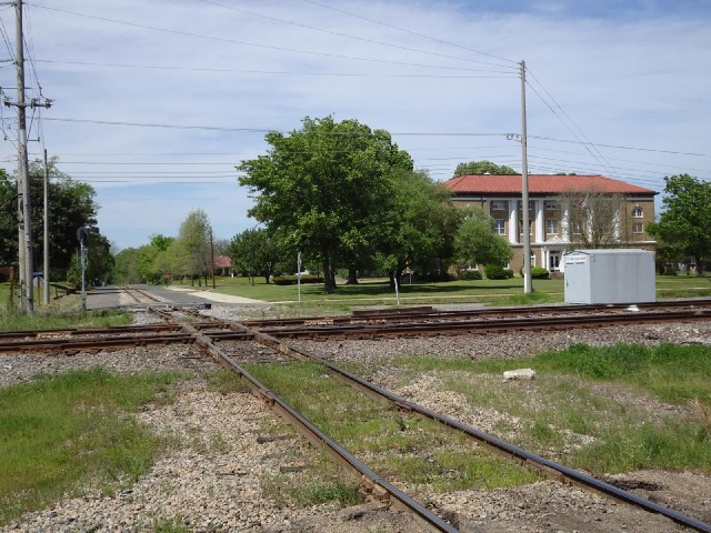 Crossing railway lines near the station.